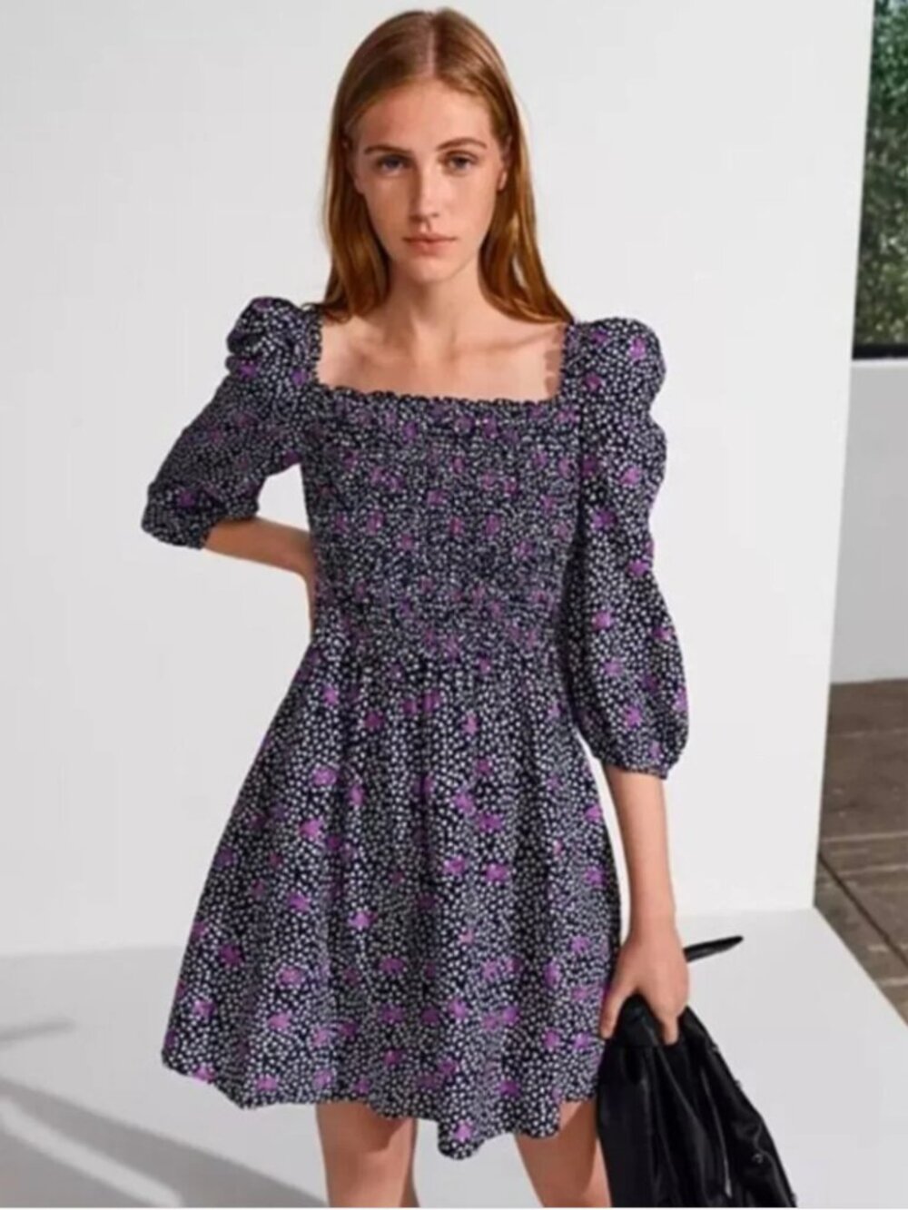 Maje Rappa Linen Blend Smocked Floral Dress